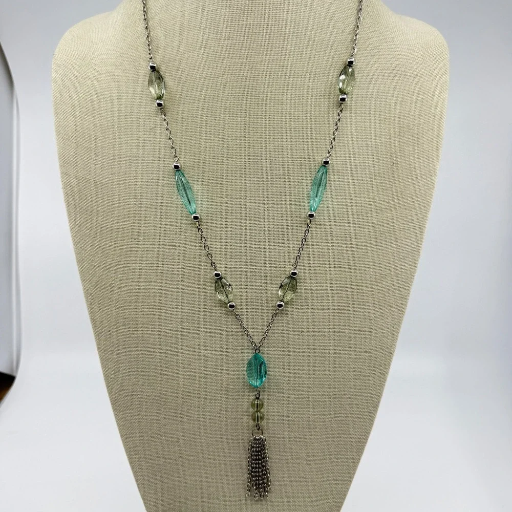 Necklace Turquoise Tone Green Bead Y Drop Silver Tone Chain Tassel Statement